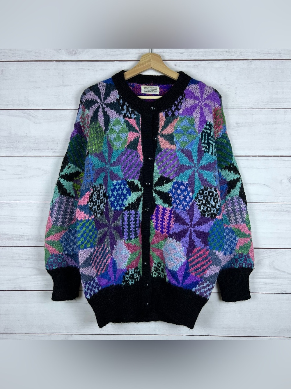 Alpaca Wool Cardigan Sweater Made In Bolivia Hand Knitted XL Kaffe Fassett